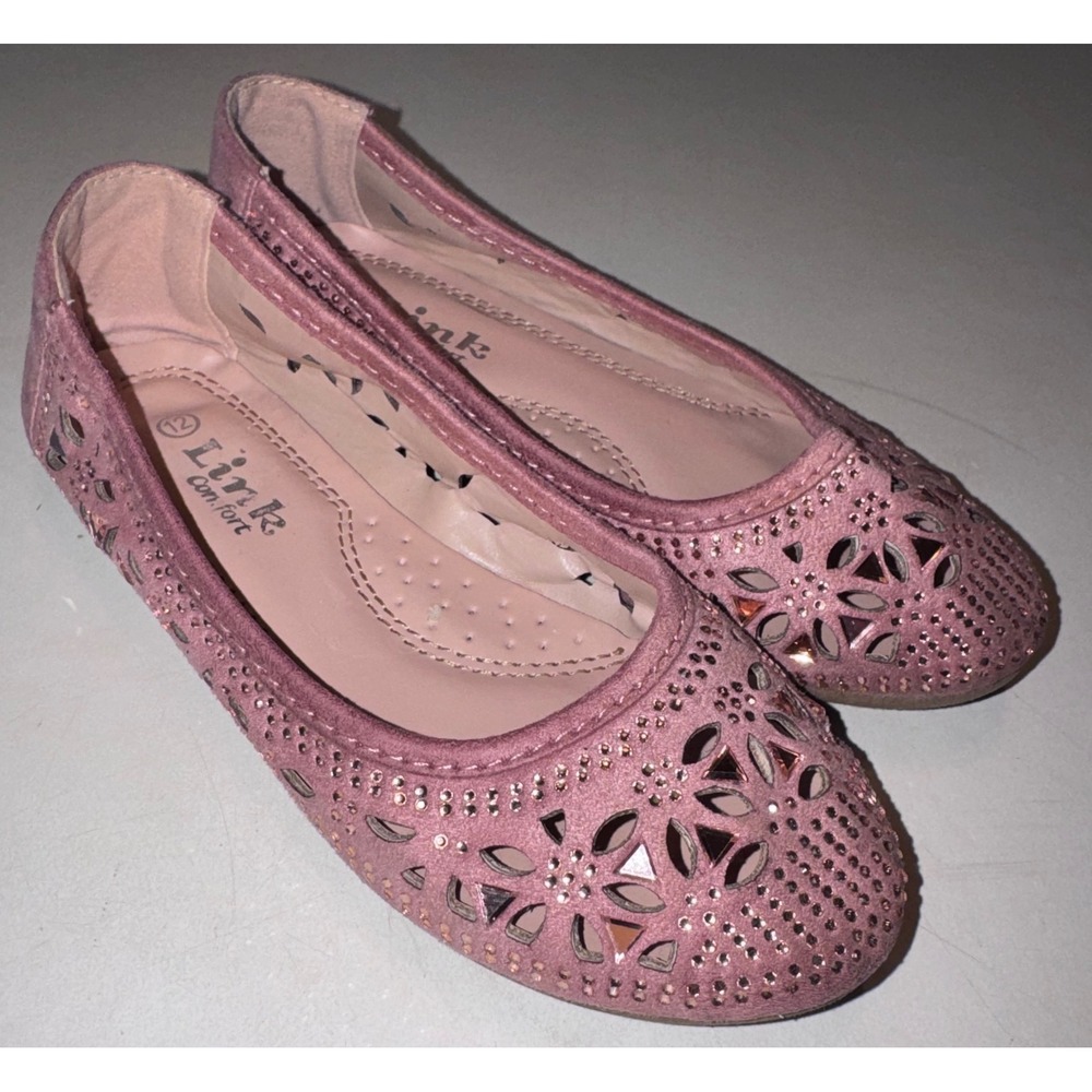 Link Comfort Girl's Pink Rhinestone Laser Cut Floral Ballet Dress Flats Size 12